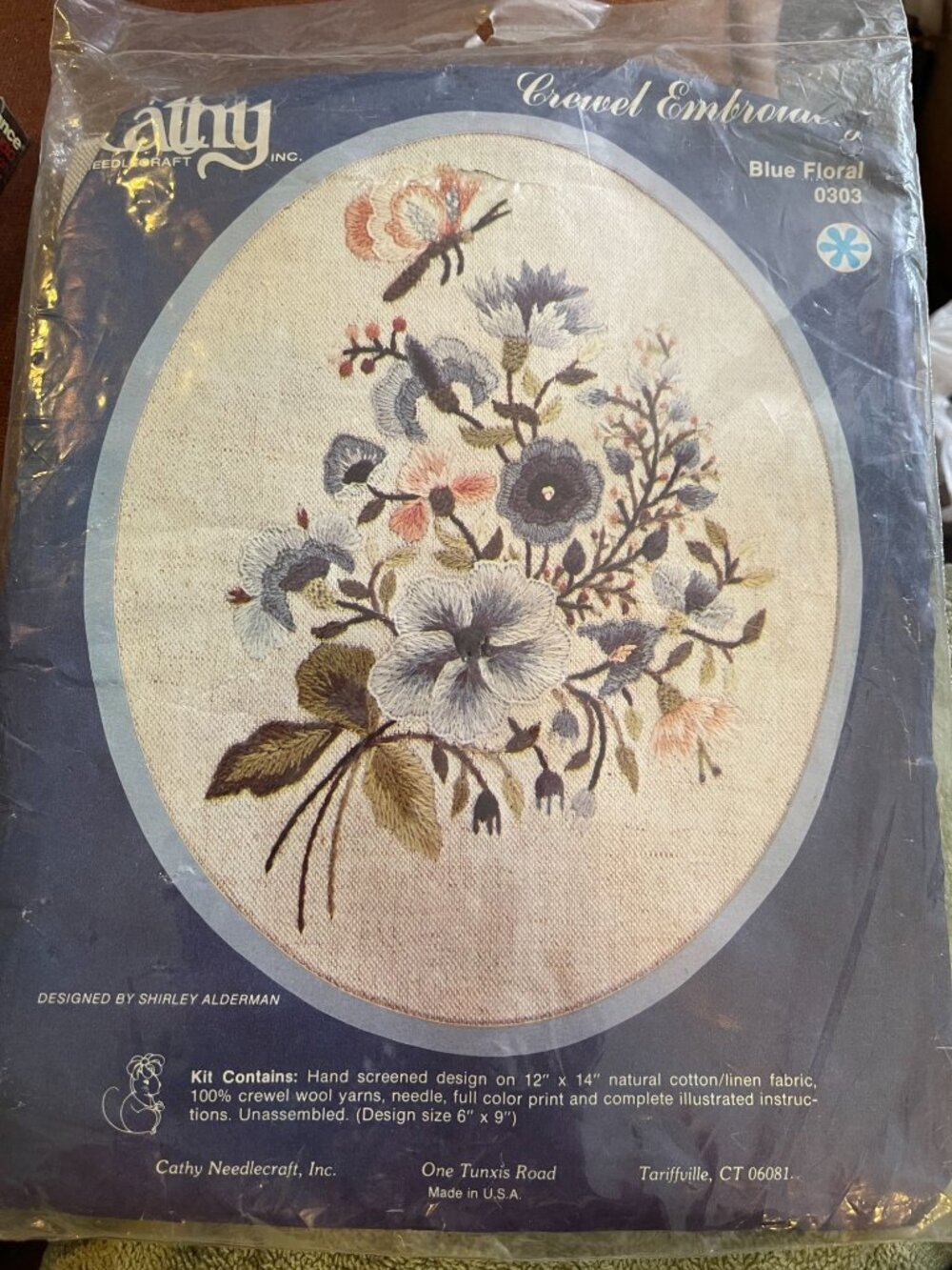 Vintage 70s Cathy Needlecraft Crewel Embroidery Kit Blue Floral 0303 Sealed Shir